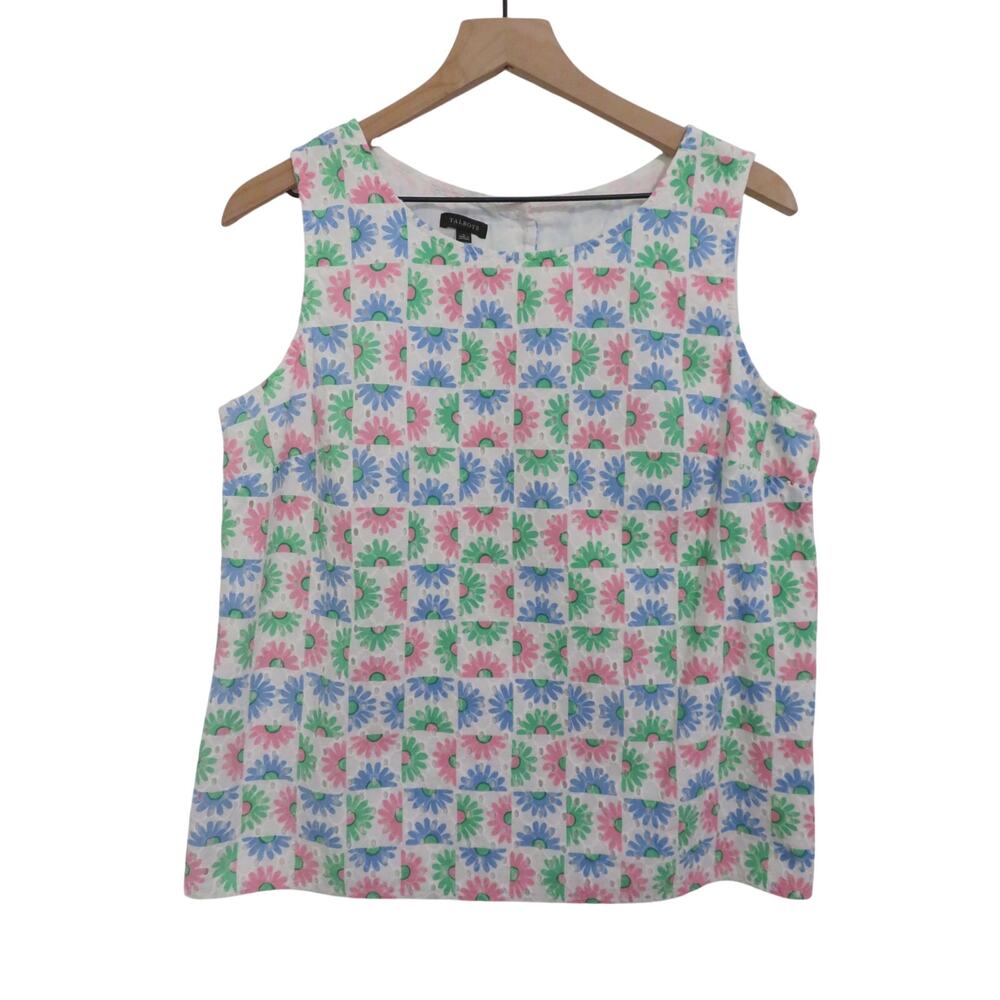 Talbots Women Sz L Daisy Eyelet Sleeveless Top Floral Pink Blue Green